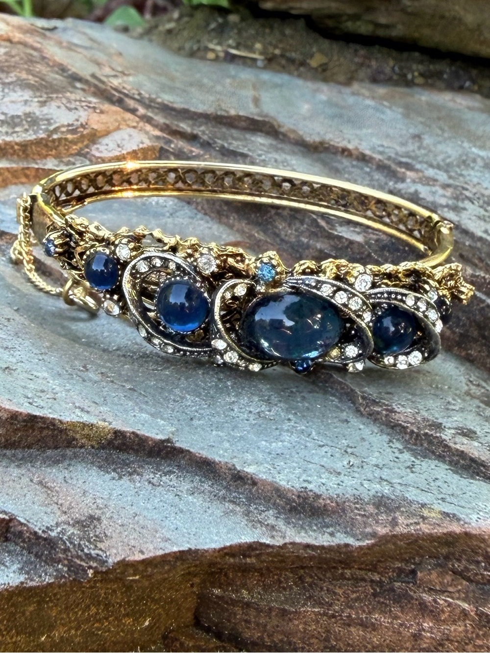 Vintage Blue Glass Cabochon Crystal Gold Clamper Cuff Bracelet
